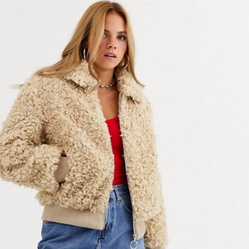 Moon River Zip Up Cream Teddy Bear Faux Fur Jacket Small